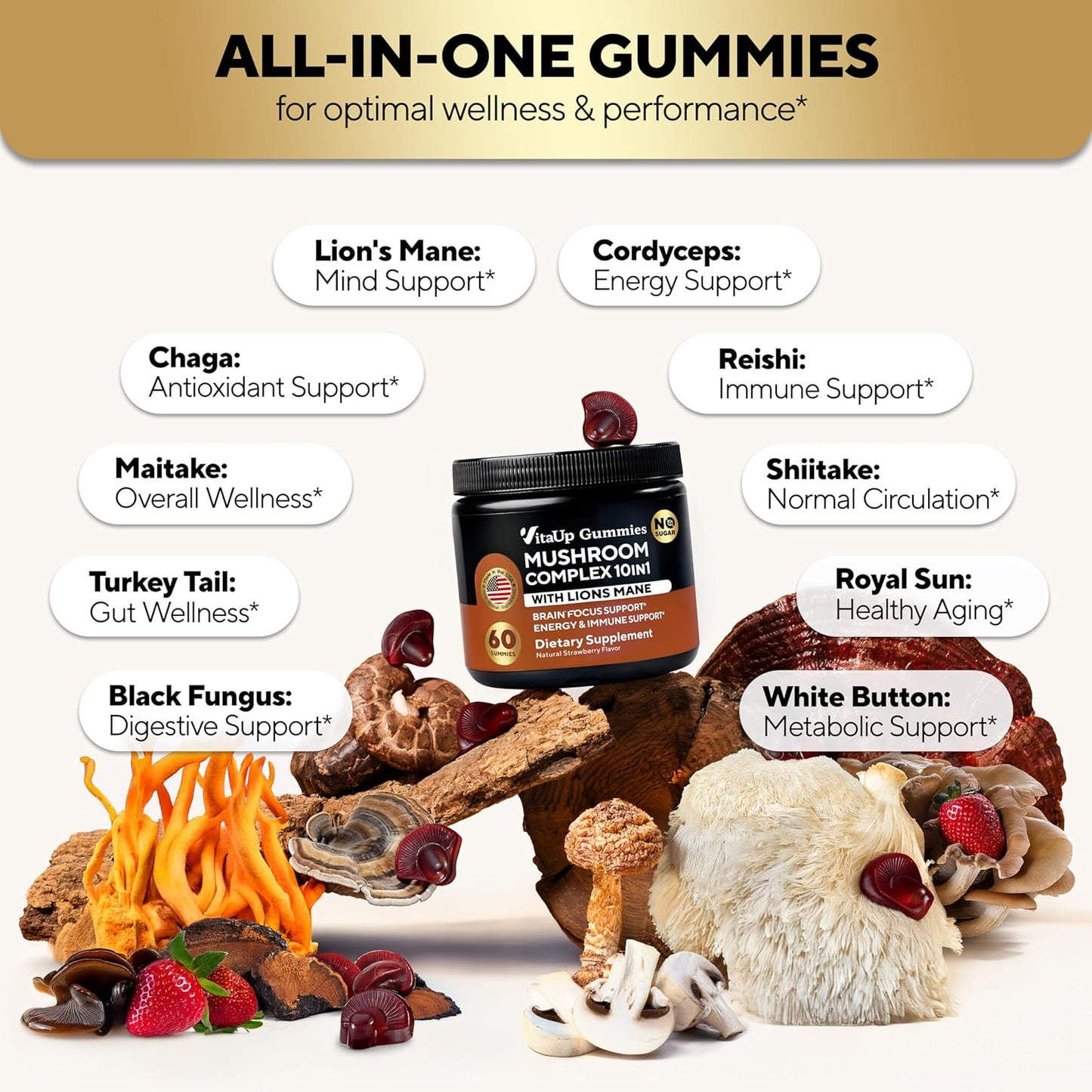 Mushroom Gummies for Adults - USA Made 10 in 1 Mushroom Supplement - Mushroom Complex with Lions Mane, Cordyceps, Turkey Tail, Reishi, Shiitake for Cognitive & Immune Support - 60 Count