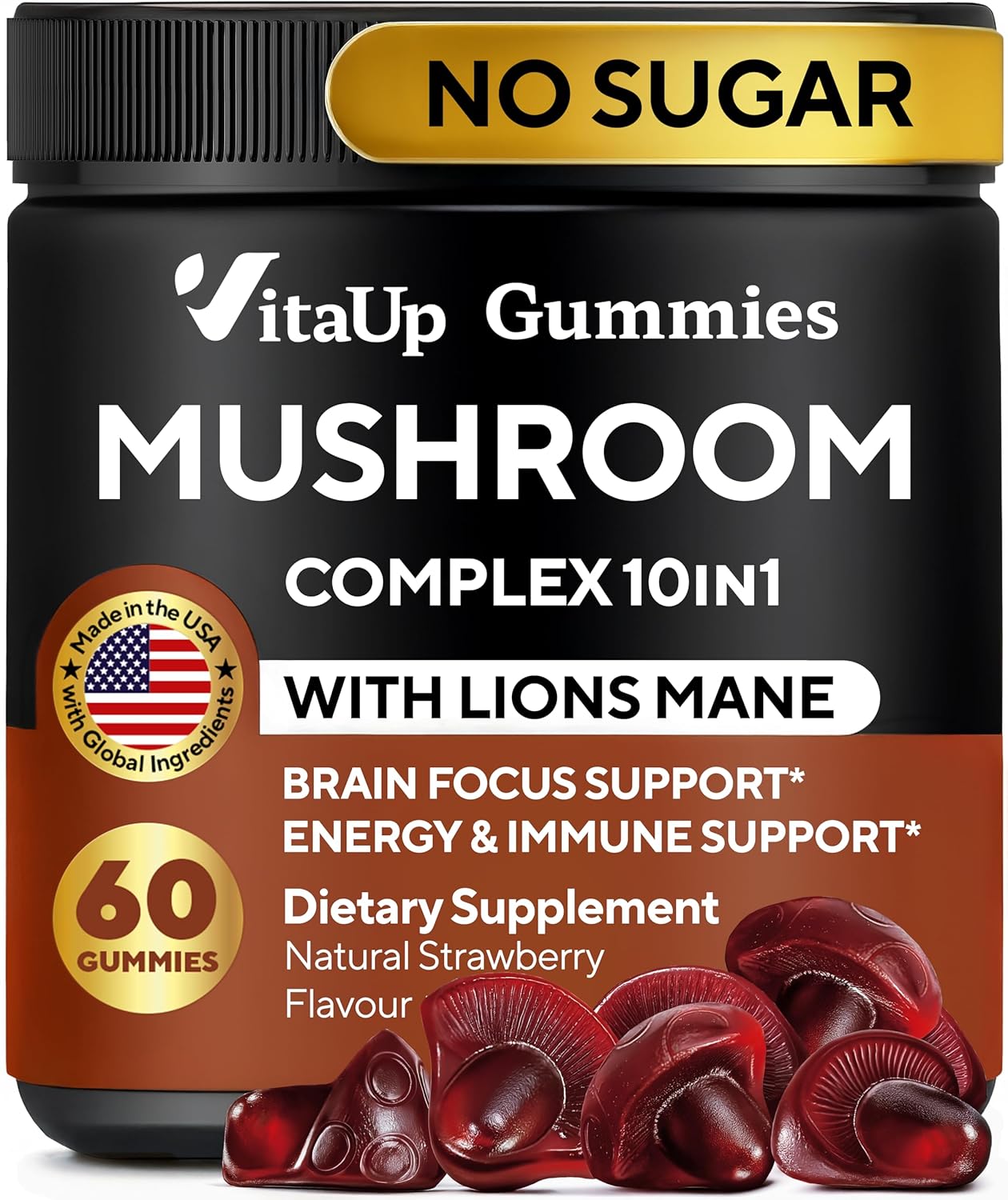 Mushroom Gummies for Adults - USA Made 10 in 1 Mushroom Supplement - Mushroom Complex with Lions Mane, Cordyceps, Turkey Tail, Reishi, Shiitake for Cognitive & Immune Support - 60 Count