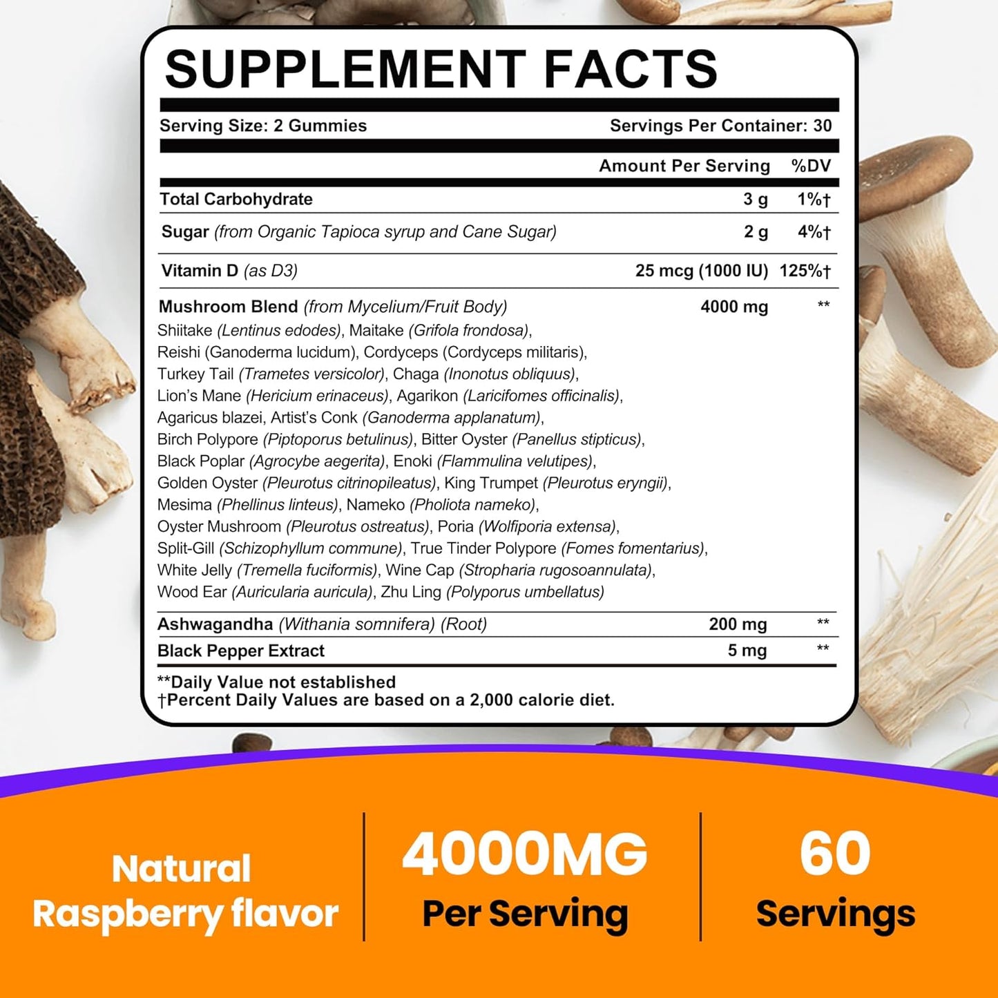 Mushroom Gummies for Adults 4000mg, Brain Supplements for Memory and Focus, 26 in 1 Mushroom Supplement Complex with Ashwagandha & Lion's Mane, Turkey Tail, Reishi, Cordyceps, Organic, 120 Count
